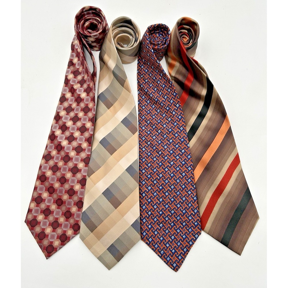 Necktie Bundle lot of 4 Van Heusen Mens Red Gold Brown Geometric Plaid